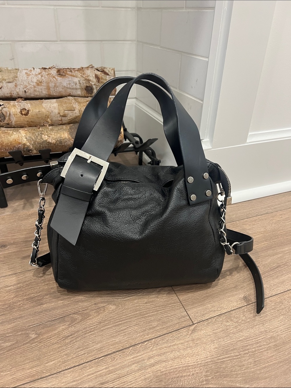 Ripani Black Leather Shoulder Bag with Buckle-Trim Straps